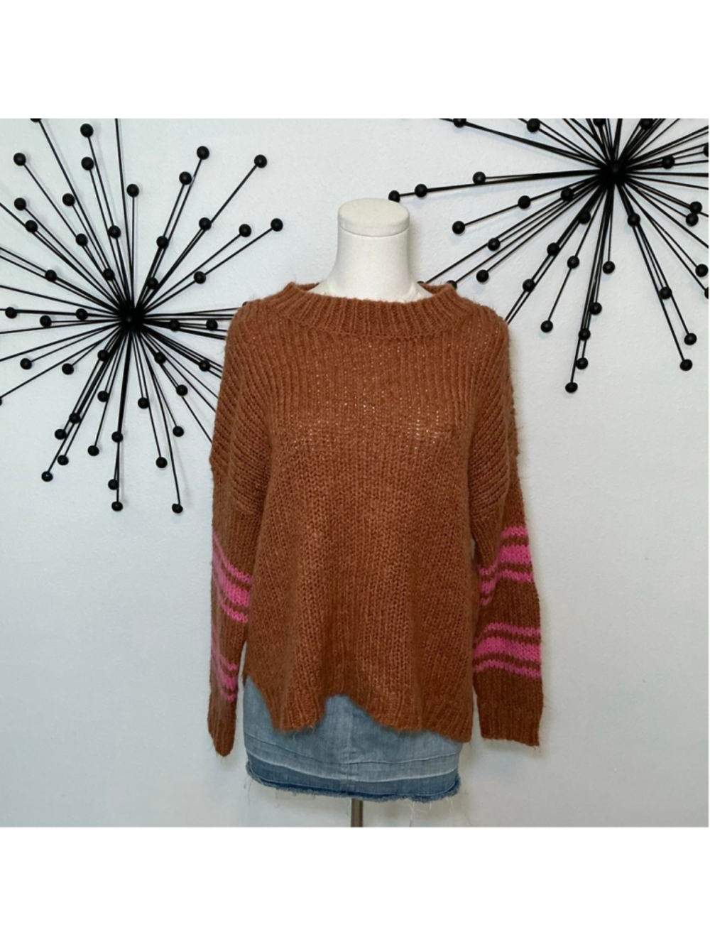 Aerie Brown Pink Striped Chunky Knit Sweater Size Small Petite Cozy